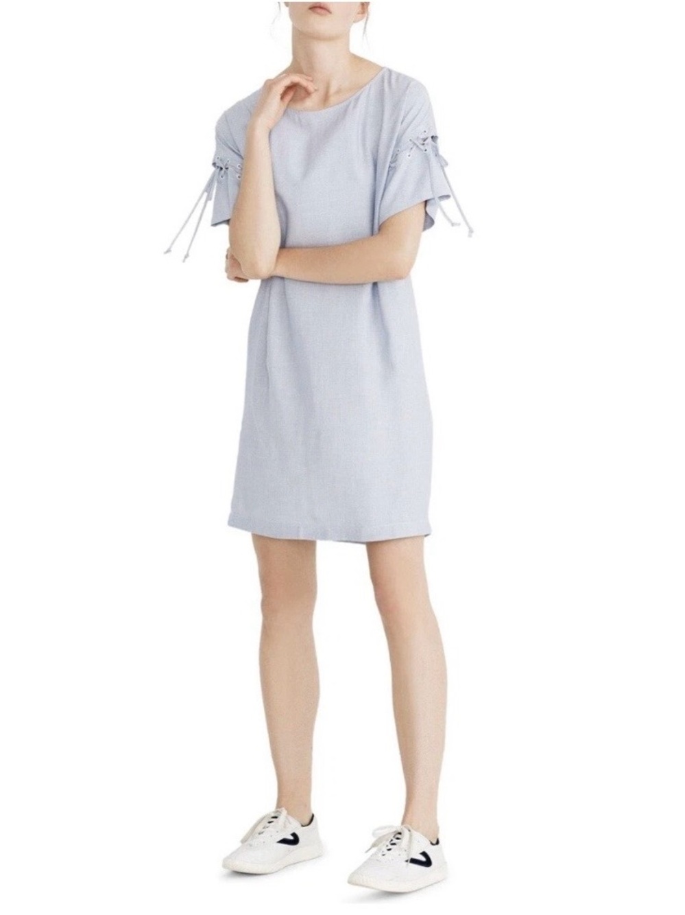 Madewell Blue Pinstripe Dress with Lace-Up Sleeves